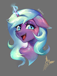 Size: 1080x1440 | Tagged: safe, artist:unclechai, idw, imported from derpibooru, radiant hope, crystal pony, pony, unicorn, blue eyes, blue mane, female, gray background, horn, magic, simple background, smiling