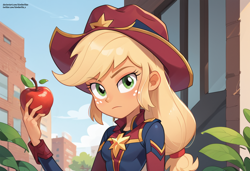 Size: 2432x1664 | Tagged: safe, imported from derpibooru, applejack, human, equestria girls, ai content, ai generated, apple, captain apple, city, crossover, food, generator:pony diffusion v6 xl, generator:stable diffusion, hat, holding, marvel, prompter:kimberlite, serious, stars, superhero