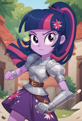 Size: 1664x2432 | Tagged: safe, imported from derpibooru, twilight sparkle, human, equestria girls, ai content, ai generated, armor, breasts, female, fight, generator:pony diffusion v6 xl, generator:stable diffusion, knight, medieval, prompter:kimberlite, sand, solo