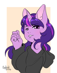 Size: 699x900 | Tagged: safe, artist:0ndshok, imported from derpibooru, twilight sparkle, anthro, unicorn, bust, clothes, eyebrows, eyebrows visible through hair, female, hoodie, horn, looking at you, mare, off shoulder, passepartout, signature, smiling, smiling at you, solo