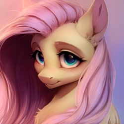 Size: 4000x4000 | Tagged: safe, artist:miokomata, imported from derpibooru, fluttershy, pegasus, pony, bust, chest fluff, female, freckles, freckleshy, gradient background, looking at you, mare, solo