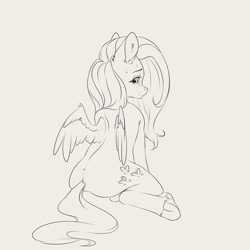 Size: 4000x4000 | Tagged: safe, artist:miokomata, imported from derpibooru, fluttershy, pegasus, pony, black and white, butt, female, flutterbutt, freckles, freckleshy, frog (hoof), grayscale, lineart, looking at you, looking back, looking back at you, mare, monochrome, partially open wings, plot, rear view, simple background, solo, underhoof, white background, wings