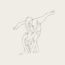 Size: 4000x4000 | Tagged: safe, artist:miokomata, imported from derpibooru, fluttershy, pegasus, pony, black and white, butt, eyes closed, female, flexible, floppy ears, flutterbutt, frog (hoof), grayscale, handstand, lineart, mare, monochrome, plot, simple background, solo, splits, underhoof, upside down, white background