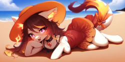 Size: 2400x1200 | Tagged: safe, imported from derpibooru, oc, oc only, oc:sunlight fires, pony, ai content, ai generated, beach, clothes, dress, hat, looking at you, lying down, prompter:greesys, solo