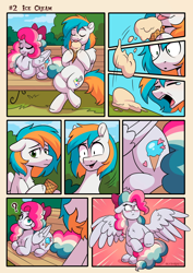 Size: 1810x2560 | Tagged: safe, artist:skysorbett, imported from derpibooru, oc, oc only, oc:sky sorbet, oc:twister joy, pegasus, pony, angry, bench, blushing, comic, crying, duo, duo male and female, eyebrows, eyes closed, female, folded wings, food, frame, frown, high res, ice cream, lying down, male, mini comic, one page comic, open mouth, open smile, pegasus oc, ponyloaf, prone, signature, sitting, smiling, spread wings, stallion, text, upset, wings