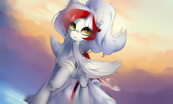 Size: 1410x844 | Tagged: safe, artist:pepelitsa, imported from derpibooru, oc, oc only, oc:awya lightfeather, pegasus, pony, bandage, female, frown, mare, raised hoof, sky, solo