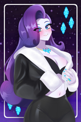 Size: 1067x1600 | Tagged: safe, artist:masterdestroyzj, imported from derpibooru, rarity, human, equestria girls, belly, belly button, blushing, breasts, cleavage, eye clipping through hair, female, jewelry, midriff, necklace, ring, smiling, solo