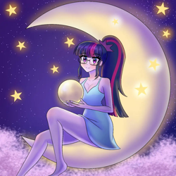 Size: 1080x1080 | Tagged: safe, artist:masterdestroyzj, imported from derpibooru, sci-twi, twilight sparkle, human, equestria girls, barefoot, breasts, cleavage, crescent moon, feet, female, legs, moon, sitting, solo, stars