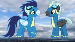 Size: 1920x1080 | Tagged: safe, artist:chainchomp2 edits, edit, editor:jaredking779, imported from derpibooru, soarin', thunderlane, pegasus, pony, clothes, duo, duo male, folded wings, giant pony, goggles, highrise ponies, irl, macro, male, mountain, photo, ponies in real life, raised hoof, scenery, smiling, stallion, story included, uniform, united kingdom, wings, wonderbolts uniform