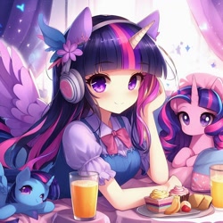 Size: 1024x1024 | Tagged: safe, imported from derpibooru, twilight sparkle, oc, unnamed oc, alicorn, human, pony, unicorn, ai content, ai generated, anime, bangs, blushing, bow, bowtie, cake, clothes, cup, curtains, female, flower, food, fruit, generator:bing image creator, generator:dall-e 3, glass, headphones, horn, humanized, juice, long hair, looking at you, orange juice, plate, short sleeves, sitting, sparkles, strawberry, window, wings