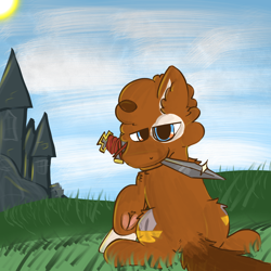 Size: 2048x2048 | Tagged: safe, artist:felixmcfurry, imported from derpibooru, oc, oc only, oc:dukedepthstar, earth pony, brown fur, castle, earth pony oc, looking at you, looking back, outdoors, ponysona, shading, solo, sun, sword, underhoof, weapon