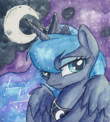 Size: 2240x2483 | Tagged: safe, artist:the-wizard-of-art, imported from derpibooru, part of a set, princess luna, alicorn, pony, bust, eyebrows, female, high res, horn, lidded eyes, looking at you, mare, moon, old art, partially open wings, portrait, solo, traditional art, watercolor painting, wings