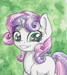 Size: 2160x2419 | Tagged: safe, artist:the-wizard-of-art, imported from derpibooru, part of a set, sweetie belle, pony, unicorn, blank flank, cute, diasweetes, eyebrows, female, filly, foal, grin, high res, horn, looking at you, smiling, smiling at you, solo, traditional art, watercolor painting