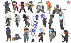 Size: 6768x4180 | Tagged: safe, artist:mairiathus, imported from derpibooru, oc, oc:moon sparks, oc:red rocket, changeling, dragon, earth pony, griffon, pegasus, unicorn, ammunition belt, boots, clothes, female, gun, helmet, horn, lying down, machine gun, male, mare, prone, rifle, rocket launcher, shoes, soldier, stallion, uniform, weapon, world war ii