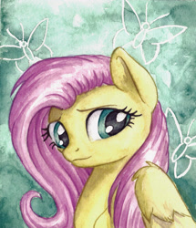 Size: 2131x2482 | Tagged: safe, artist:the-wizard-of-art, imported from derpibooru, part of a set, fluttershy, pegasus, pony, eyebrows, female, high res, looking at you, looking away, mare, old art, solo, traditional art, watercolor painting, wings