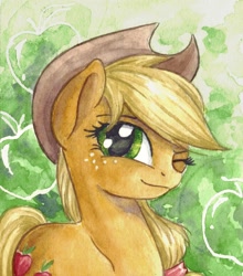 Size: 2152x2440 | Tagged: safe, artist:the-wizard-of-art, imported from derpibooru, part of a set, applejack, earth pony, pony, applejack's hat, cowboy hat, eyebrows, female, freckles, hat, high res, looking at you, mare, old art, one eye closed, smiling, smiling at you, solo, traditional art, watercolor painting, wink, winking at you