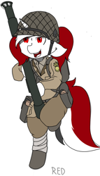 Size: 744x1305 | Tagged: safe, artist:mairiathus, imported from derpibooru, oc, oc:red rocket, unicorn, ammunition belt, boots, clothes, female, helmet, horn, mare, rocket launcher, shoes, soldier, weapon, world war ii