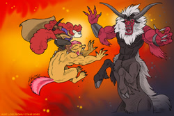 Size: 1280x856 | Tagged: safe, artist:kaemantis, babs seed, lord tirek, twist, centaur, pony, werewolf, fangs, fight, glasses