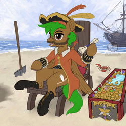 Size: 1250x1250 | Tagged: safe, artist:calena, imported from derpibooru, oc, oc only, oc:peatmoss, crab, pegasus, pony, beach, beard, colored, facial hair, flat colors, gold, jewelry, mirror, ocean, outfit, pegasus oc, shovel, solo, treasure, treasure chest, water, wings