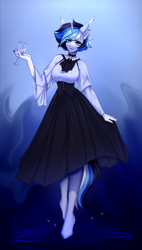 Size: 1708x3000 | Tagged: safe, artist:kutoshi, imported from derpibooru, anthro, unguligrade anthro, unicorn, clothes, dress, ear fluff, female, glass, horn, looking at you, solo, standing, wine glass