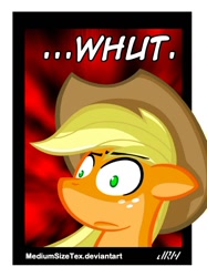 Size: 500x667 | Tagged: safe, artist:texasuberalles, imported from derpibooru, applejack, earth pony, pony, abstract background, caption, cowboy hat, female, hat, image macro, mare, meme, reaction image, solo, text, wat