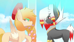 Size: 1920x1080 | Tagged: safe, artist:damario, imported from derpibooru, oc, oc only, oc:ashe, oc:kalya sunlight, earth pony, pegasus, anime style, bow, ear piercing, hair bow, irisya, jewelry, looking at each other, looking at someone, piercing, youtube link