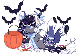 Size: 1384x980 | Tagged: safe, artist:zorixn, imported from derpibooru, oc, oc:oreo cream, bat, pegasus, pony, candy, clothes, female, food, lollipop, mare, pumpkin bucket, scarf, simple background, socks, solo, transparent background