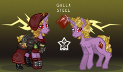 Size: 1700x1000 | Tagged: safe, artist:devorierdeos, imported from derpibooru, oc, oc only, oc:galla steel, pony, unicorn, armor, beret, clothes, cutie mark, gradient background, hat, horn, lighting, military uniform, red eye army, reference sheet, solo, uniform