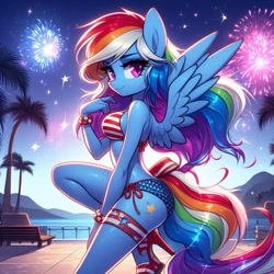 Size: 1024x1024 | Tagged: safe, imported from derpibooru, rainbow dash, anthro, 4th of july, ai content, ai generated, american flag bikini, beach, bench, bikini, bracelet, breasts, clothes, evening, fireworks, generator:dall-e 3, high heels, holiday, independence day, jewelry, looking at you, ocean, palm tree, prompter:glimmy-glam, railing, shoes, side view, smiling, swimsuit, tree, united states, water, wrong cutie mark, wrong eye color