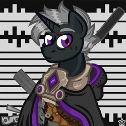 Size: 1024x1024 | Tagged: safe, artist:devorierdeos, imported from derpibooru, oc, oc only, oc:black pawn, unicorn, fallout equestria, armor, bust, eye scar, facial scar, flack, horn, invisibility cloak, portrait, raincoat, scar, solo, zebra rifle