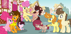 Size: 7656x3740 | Tagged: safe, artist:brightarmor, imported from derpibooru, cheese sandwich, li'l cheese, pinkie pie, pound cake, pumpkin cake, oc, oc:cold pie, oc:creamy cake, oc:flip sandwich, earth pony, pegasus, pony, unicorn, the last problem, baby, baby pony, base used, brother and sister, cake twins, cheesepie, colt, female, foal, horn, male, mare, offspring, older, older cheese sandwich, older li'l cheese, older pinkie pie, older pound cake, older pumpkin cake, parent:cheese sandwich, parent:pinkie pie, parents:cheesepie, shipping, siblings, stallion, straight, sugarcube corner, twins