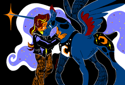 Size: 1280x875 | Tagged: safe, artist:msponies, imported from derpibooru, princess luna, sunset shimmer, alicorn, human, pony, equestria girls, black background, crying, duo, hug, simple background