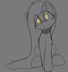 Size: 874x922 | Tagged: safe, artist:cotarsis, imported from derpibooru, oc, oc only, earth pony, pony, chest fluff, creepy, creepy smile, gray background, head tilt, limited palette, long mane, looking at you, simple background, sitting, sketch, smiling, solo, yellow eyes