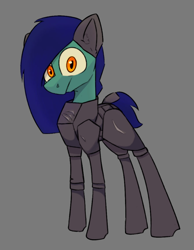 Size: 670x863 | Tagged: safe, artist:cotarsis, imported from derpibooru, oc, oc only, earth pony, pony, ambiguous gender, armor, armored legs, blue mane, blue tail, colored sclera, ear fluff, earth pony oc, frown, gray background, green coat, leg armor, long mane, looking at you, orange eyes, simple background, sketch, solo, tail, thin legs, yellow sclera