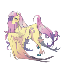 Size: 1944x2147 | Tagged: safe, artist:cheekyposelenets, imported from derpibooru, fluttershy, pegasus, pony, blushing, butt, female, flutterbutt, hoers, hoof fluff, large wings, looking at you, looking back, looking back at you, mare, plot, simple background, solo, white background, wings