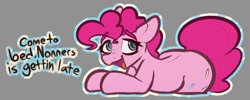 Size: 1080x431 | Tagged: safe, artist:newpone, imported from derpibooru, pinkie pie, earth pony, pony, dialogue, eyebrows, eyebrows visible through hair, female, implied anon, looking at you, mare, open mouth, open smile, simple background, smiling, solo, talking to viewer, text