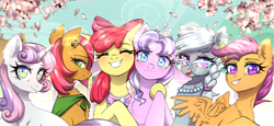 Size: 3516x1615 | Tagged: safe, artist:avrameow, imported from derpibooru, apple bloom, babs seed, diamond tiara, scootaloo, silver spoon, sweetie belle, earth pony, pegasus, pony, unicorn, clothes, cutie mark crusaders, eyes closed, goldie delicious' shawl, grin, group photo, high res, hoof around neck, horn, looking at you, older, older apple bloom, older babs seed, older cmc, older diamond tiara, older scootaloo, older silver spoon, older sweetie belle, open mouth, open smile, shawl, smiling, smiling at you