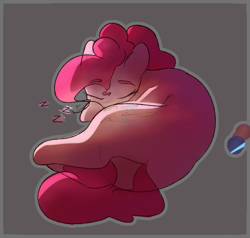 Size: 791x752 | Tagged: safe, artist:newpone, imported from derpibooru, pinkie pie, earth pony, pony, balloonbutt, butt, curled up, cute, diapinkes, eyebrows, eyebrows visible through hair, eyes closed, female, mare, onomatopoeia, plot, rear view, simple background, sleeping, solo, sound effects, zzz