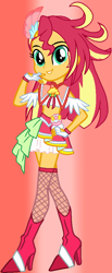 Size: 412x997 | Tagged: safe, artist:bender1567, artist:ketrin29, imported from derpibooru, sunset shimmer, human, equestria girls, alternate hairstyle, base used, boots, clothes, cosplay, costume, crossover, cure flamingo, fingerless gloves, gloves, hand on hip, high heel boots, looking at you, precure, red background, shoes, simple background, smiling, smiling at you, solo