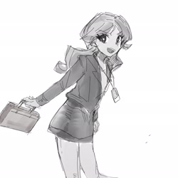 Size: 2048x2048 | Tagged: safe, artist:sugarcube269, imported from derpibooru, sunset shimmer, human, equestria girls, briefcase, clothes, female, grayscale, id card, looking at you, monochrome, office lady, open mouth, sketch, skirt, skirt suit, smiling, solo, suit