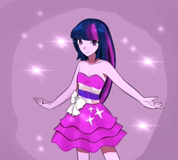 Size: 2048x1847 | Tagged: safe, artist:sugarcube269, imported from derpibooru, twilight sparkle, human, equestria girls, abstract background, armpits, bare shoulders, breasts, cleavage, clothes, dress, fall formal outfits, female, looking at you, my little pony equestria girls, redraw, scene interpretation, sleeveless, sleeveless dress, smiling, solo, sparkles, strapless, strapless dress, this is our big night