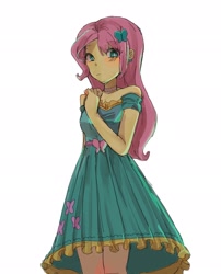 Size: 1656x2048 | Tagged: safe, artist:sugarcube269, imported from derpibooru, fluttershy, human, equestria girls, bare shoulders, blushing, butterfly hairpin, clothes, dress, female, looking at you, simple background, solo, strapless, white background