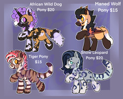 Size: 2505x2013 | Tagged: safe, artist:bluemoon, imported from derpibooru, oc, oc only, unnamed oc, bat pony, big cat, cat, cat pony, dog, dog pony, earth pony, hybrid, leopard, original species, pony, snow leopard, tiger, unicorn, adoptable, advertisement, african wild dog, african wild dog pony, back fluff, bat wings, blue mouth, blue tongue, cat tail, cheek fluff, coat markings, colored muzzle, colored pinnae, colored wings, commission info, cyan eyes, design, dog tail, ear tufts, female, folded wings, golden eyes, gradient mane, group, horn, hybrid oc, lavender background, leopard pony, male, maned wolf, maned wolf pony, mare, obtrusive watermark, open mouth, orange eyes, pale belly, passepartout, paws, purple background, purple eyes, purple mouth, quartet, raised paw, sale, simple background, snow leopard pony, socks (coat markings), stallion, stripes, tail, tiger pony, unshorn fetlocks, watermark, wings, yellow eyes