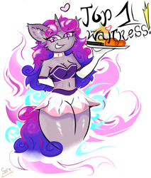 Size: 2040x2400 | Tagged: safe, artist:spirit-fireheart, imported from derpibooru, oc, oc only, anthro, unicorn, clothes, ear fluff, female, happy, heart, horn, mare, simple background, skirt, smiling, solo, text, title, waitress