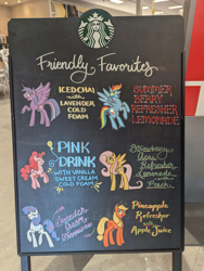 Size: 3072x4080 | Tagged: safe, imported from derpibooru, applejack, fluttershy, pinkie pie, rainbow dash, rarity, twilight sparkle, alicorn, earth pony, pegasus, unicorn, chalkboard, female, horn, mare, photo, starbucks, traditional art