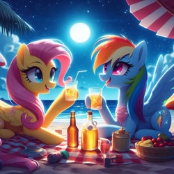 Size: 1024x1024 | Tagged: safe, imported from derpibooru, fluttershy, rainbow dash, pegasus, pony, ai content, ai generated, alcohol, beach, drink, drinking, drinking straw, duo, folded wings, generator:bing image creator, generator:dall-e 3, happy, hoof hold, lying down, moon, ocean, open mouth, open smile, outdoors, picnic, picnic blanket, prompter:nightofcore, sand, smiling, spread wings, stars, summer, vacation, water, wings, wrong cutie mark