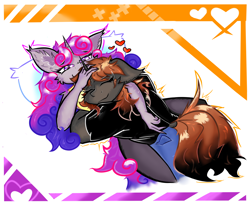 Size: 1960x1599 | Tagged: safe, artist:spirit-fireheart, imported from derpibooru, anthro, unicorn, caring, clothes, cute, duo, duo male and female, ear fluff, eyes closed, female, hand on head, heart, horn, lying, lying down, lying on top of someone, male, on back, pillow, pleased, resting, simple background, smiling, stroking, tail