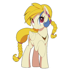 Size: 1020x1024 | Tagged: safe, artist:thebatfang, imported from twibooru, golden feather, princess celestia, pegasus, spoiler:comic, spoiler:comic65, /mlp/, /mlp/ tf2 general, 4chan, :p, blonde mane, blue highlight, braided tail, ear piercing, earring, image, jewelry, looking at you, necklace, piercing, png, raised leg, red eyes, simple background, solo, tongue out