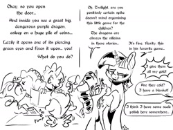 Size: 2000x1500 | Tagged: safe, artist:dilarus, apple bloom, scootaloo, spike, starlight glimmer, sweetie belle, twilight sparkle, alicorn, dragon, earth pony, pegasus, pony, unicorn, comic, cutie mark crusaders, dialogue, dice, dungeons and dragons, lidded eyes, mouth hold, ogres and oubliettes, pencil, speech bubble, tabletop game, twilight sparkle (alicorn)