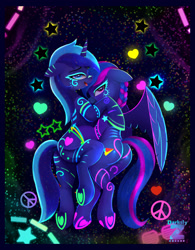 Size: 1740x2236 | Tagged: safe, artist:darksly, imported from derpibooru, minuette, oc, oc:laser shine, pegasus, pony, unicorn, bedroom eyes, bodypaint, butt, canon x oc, duo, duo female, face paint, female, frog (hoof), glow in the dark, horn, hug, lesbian, mare, neon, open mouth, plot, underhoof